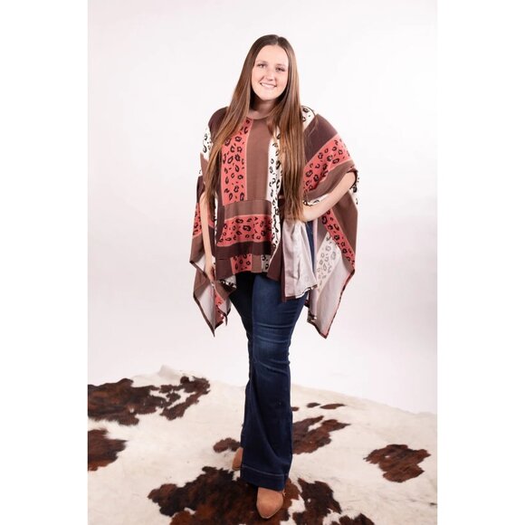 Oddy Leopard Block Brown Salmon Poncho One Size Animal Print Pullover Sweater - Picture 2 of 10